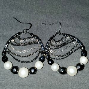 Unique black beads and faux freshwater pearl earrings